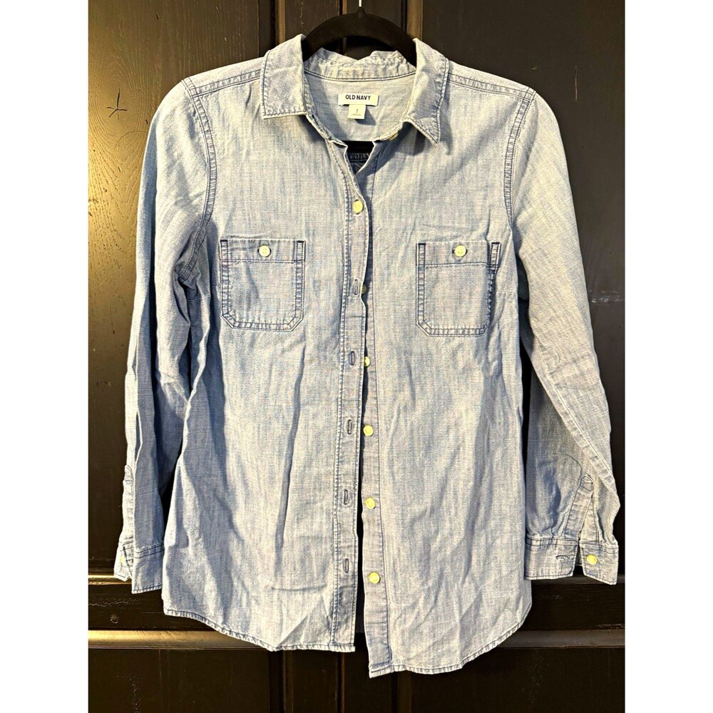 Old Navy Blue Solid Cotton Denim Collared Button-Up Pockets Long Sleeve S